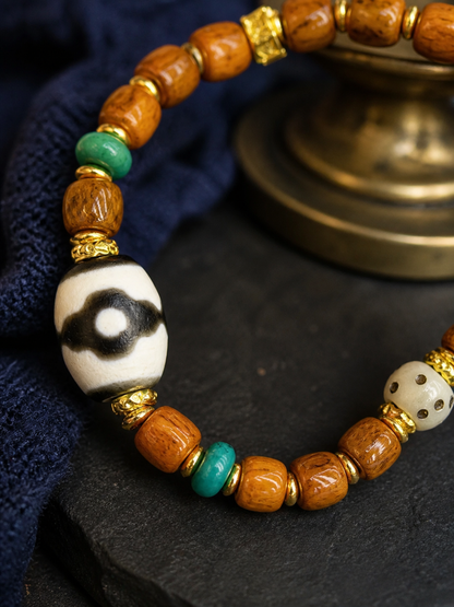 Tibetan Dzi-Style Mala Bracelet with Dice Accent — detail view