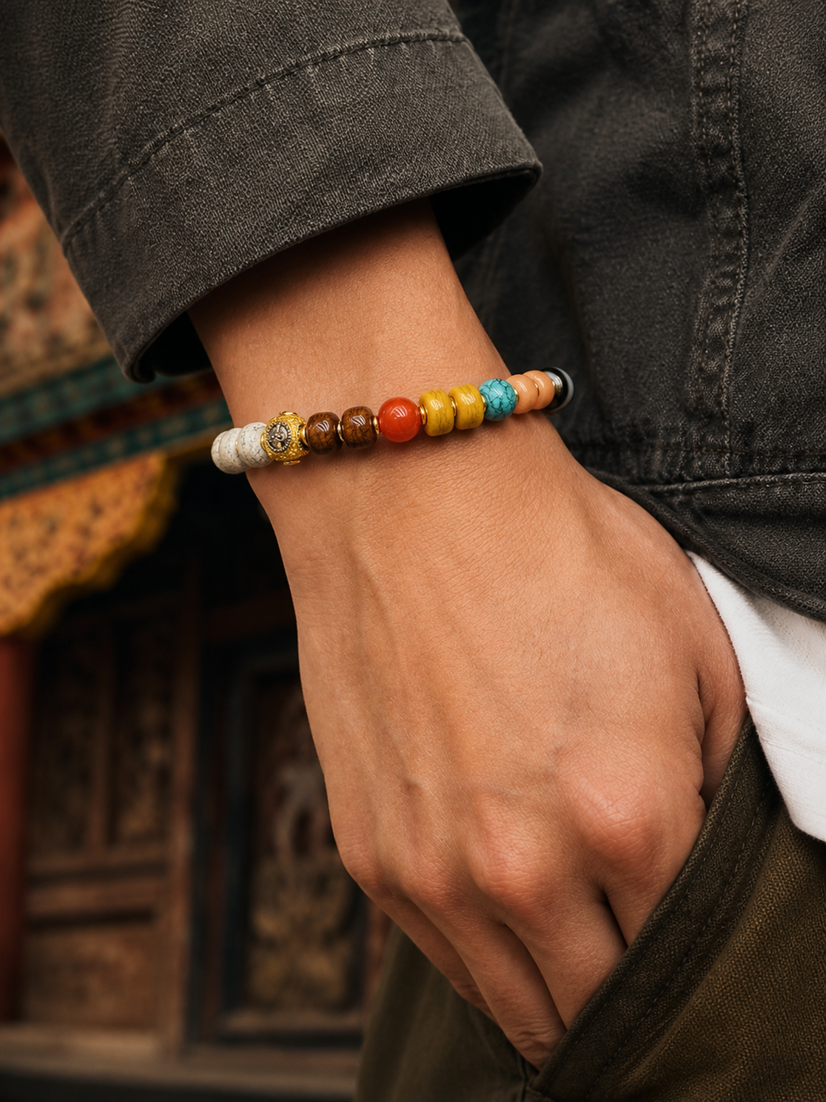 Tibetan Four-Tone Bone Mala Bracelet — worn on wrist