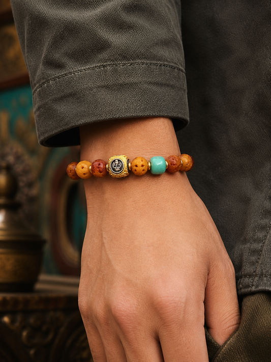 Tibetan Bone Mala Bracelet with Cuju Ball Beads — worn on wrist