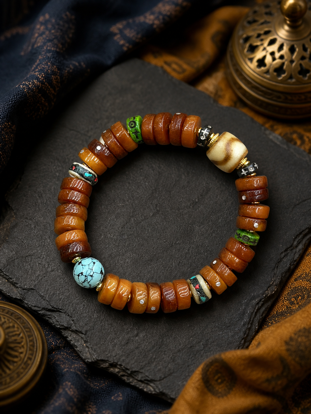 Tibetan Flat Bone Mala Bracelet with Tiger-Tooth and Turquoise-Tone Accents — main view