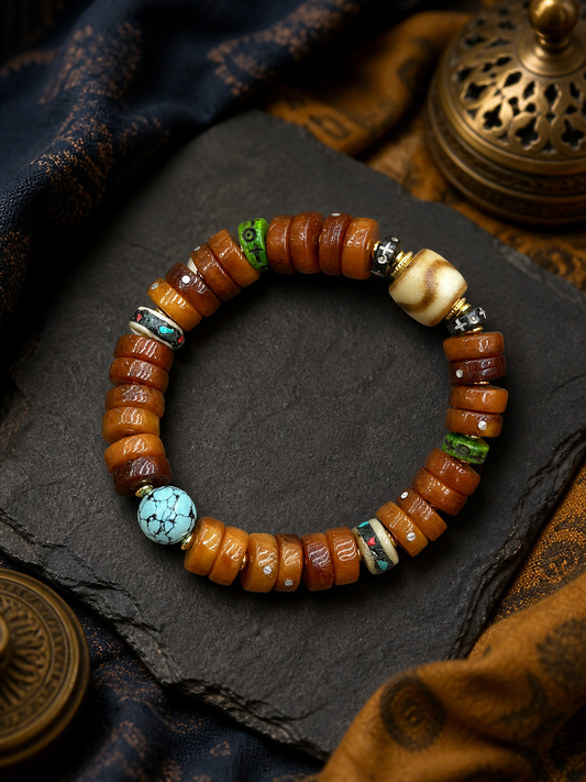 Tibetan Flat Bone Mala Bracelet with Tiger-Tooth and Turquoise-Tone Accents — main view