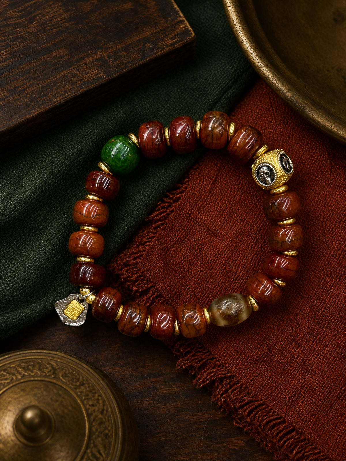 Tibetan Curved Bone Mala Bracelet with Zaki Lhamo Charm — main view