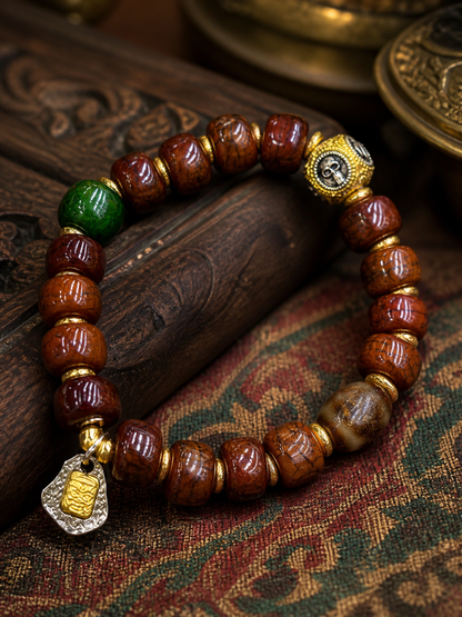 Tibetan Curved Bone Mala Bracelet with Zaki Lhamo Charm — detail view