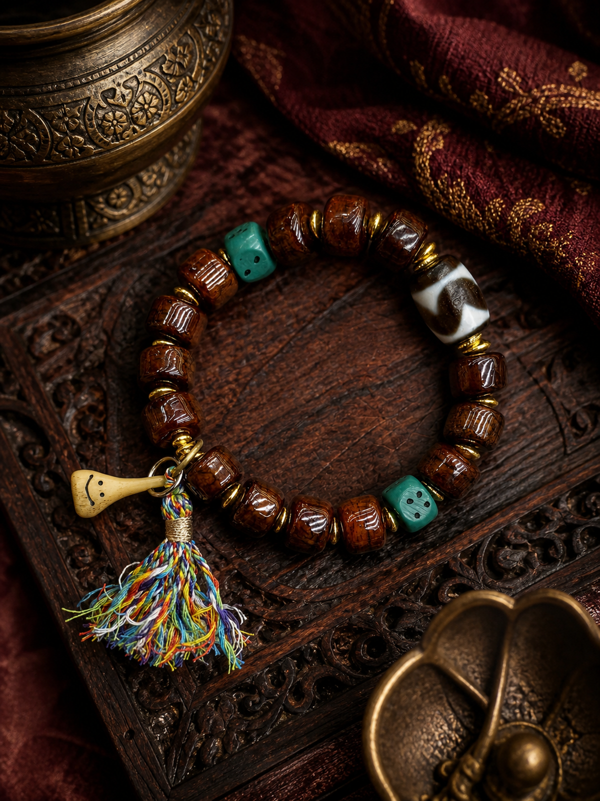 Tibetan Bone Mala Bracelet with Smiling Face Bead — main view