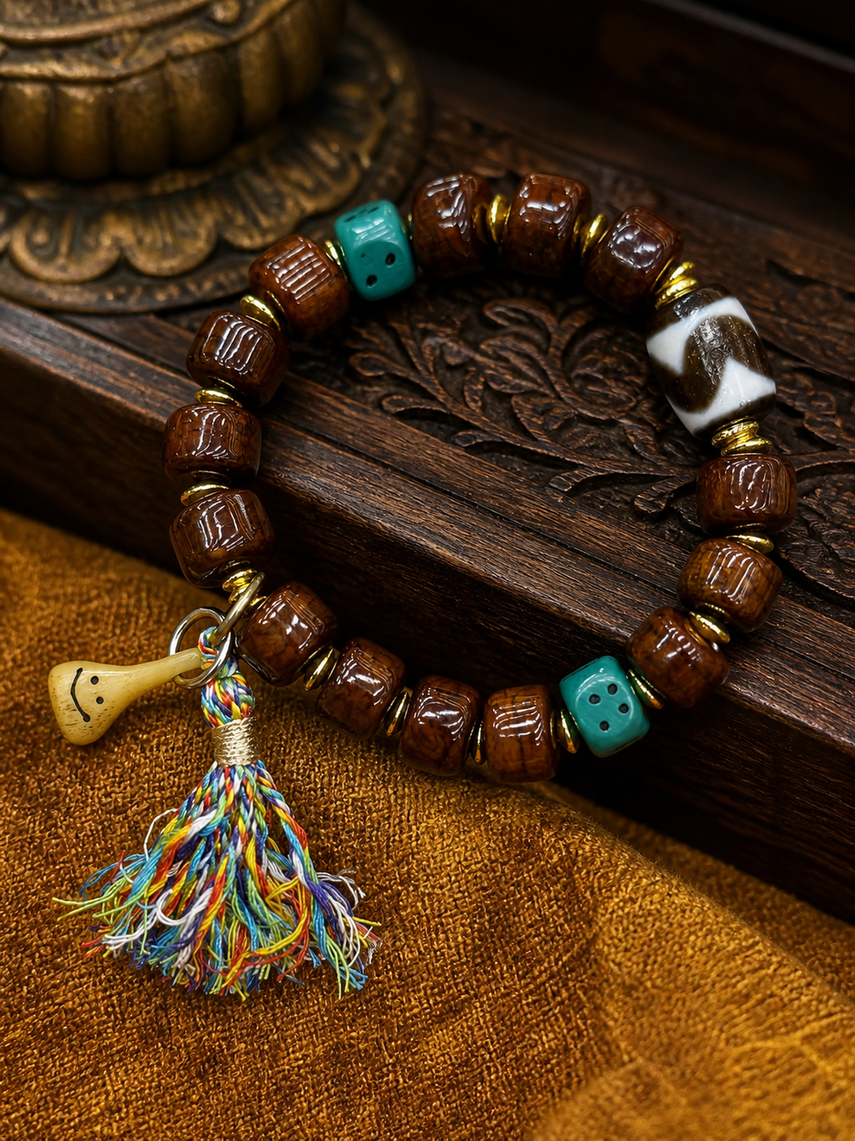Tibetan Bone Mala Bracelet with Smiling Face Bead — detail view