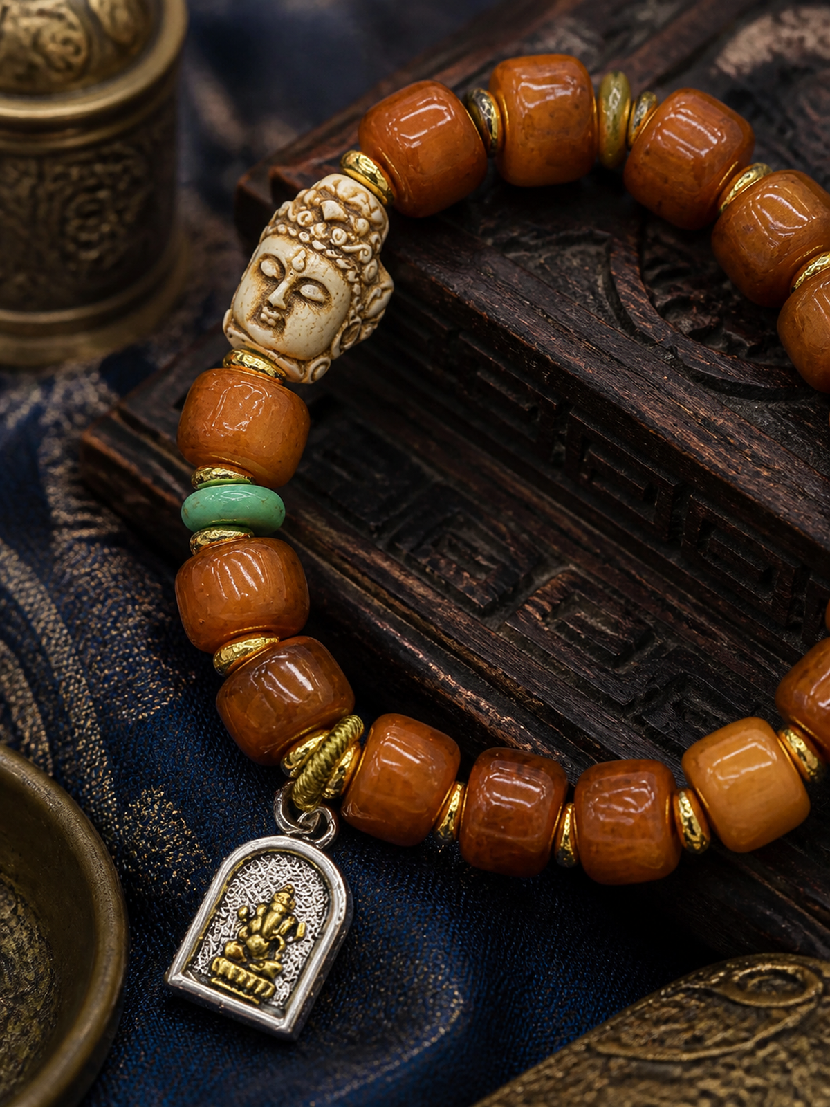 Tibetan Bone Mala Bracelet with Ganesha Motif — detail view