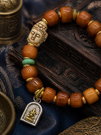 Tibetan Bone Mala Bracelet with Ganesha Motif — detail view