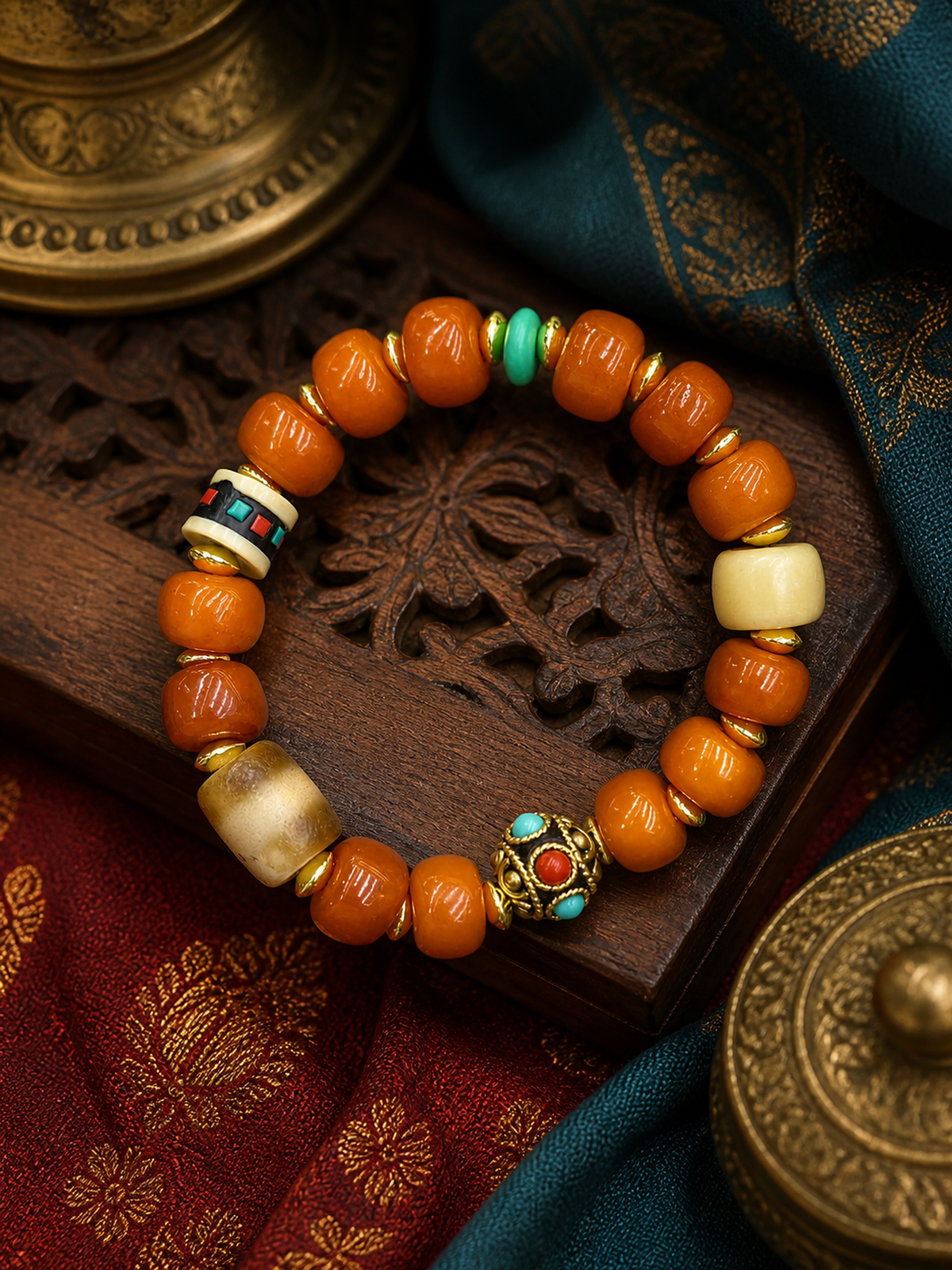 Tibetan Caramel-Toned Bone Mala Bracelet with Nepalese-Style Bead — main view