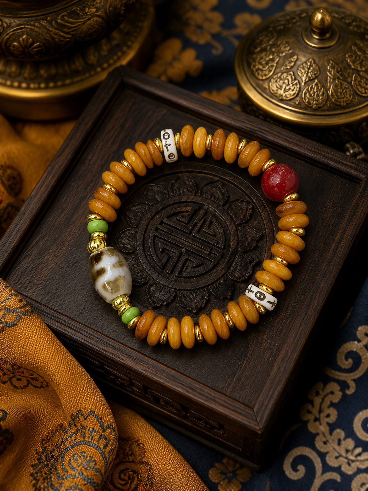 Tibetan Bone Abacus-Bead Mala Bracelet with Auspicious Motif — main view