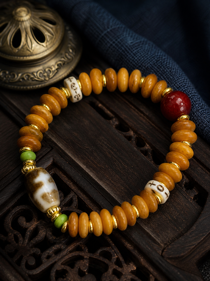 Tibetan Bone Abacus-Bead Mala Bracelet with Auspicious Motif — detail view
