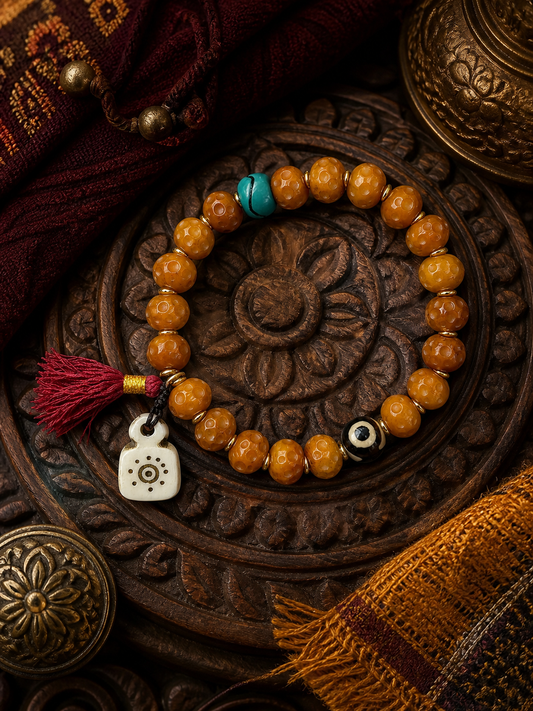 Tibetan Bone Mala Bracelet with Faceless Buddha and Three-Eye Dzi-Style Bead — main view