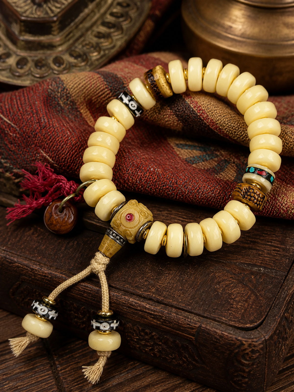 Tibetan Cream-Toned Bone Mala Bracelet — detail view