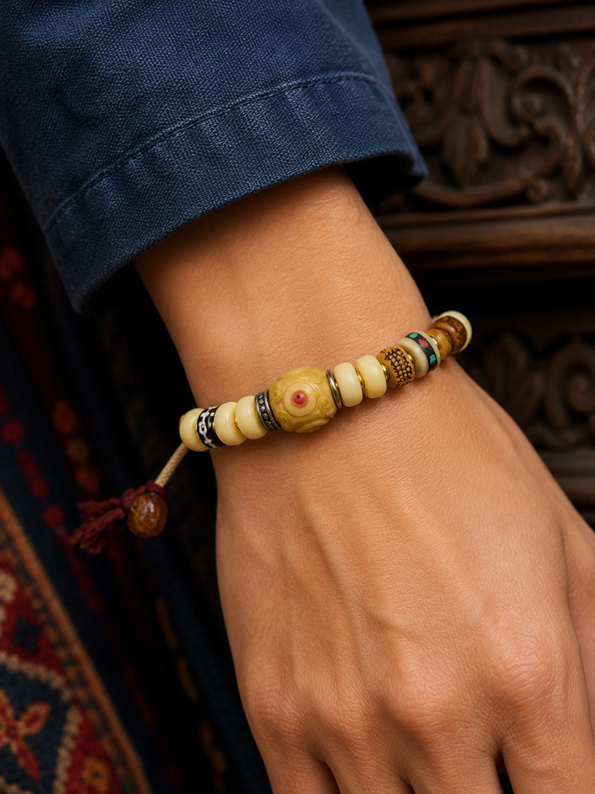 Tibetan Cream-Toned Bone Mala Bracelet — worn on wrist