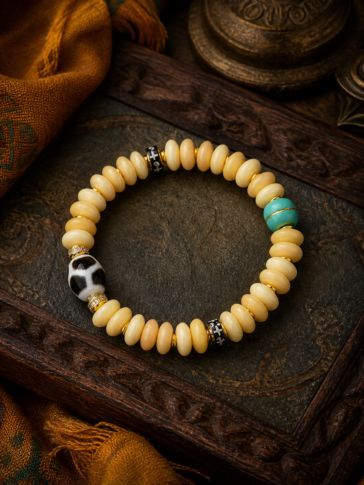Tibetan Cream-Toned Bone Mala Bracelet with Mountain Tortoise Motif — main view