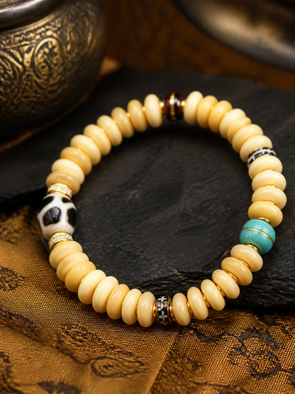 Tibetan Cream-Toned Bone Mala Bracelet with Mountain Tortoise Motif — detail view