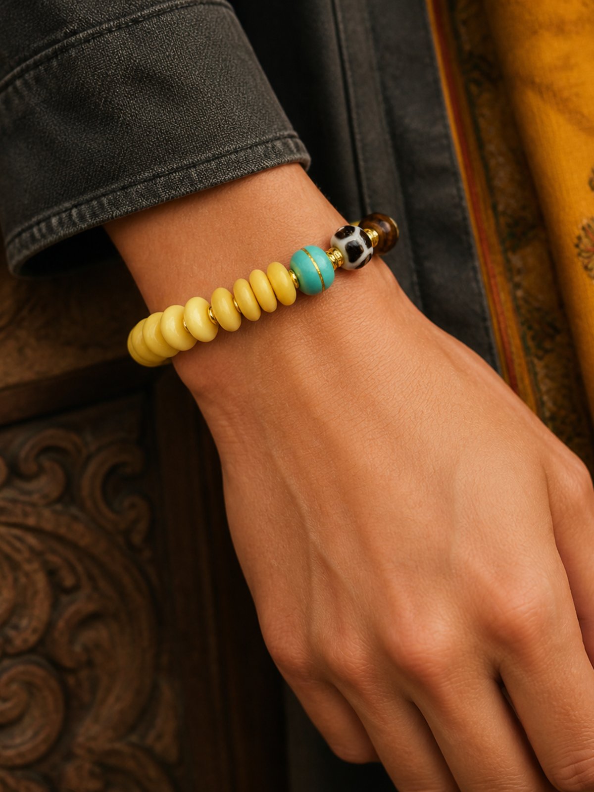 Tibetan Cream-Toned Bone Mala Bracelet with Mountain Tortoise Motif — worn on wrist