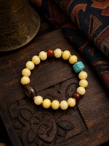 Tibetan Cream-Toned Bone Mala Bracelet with Auspicious Bead — main view