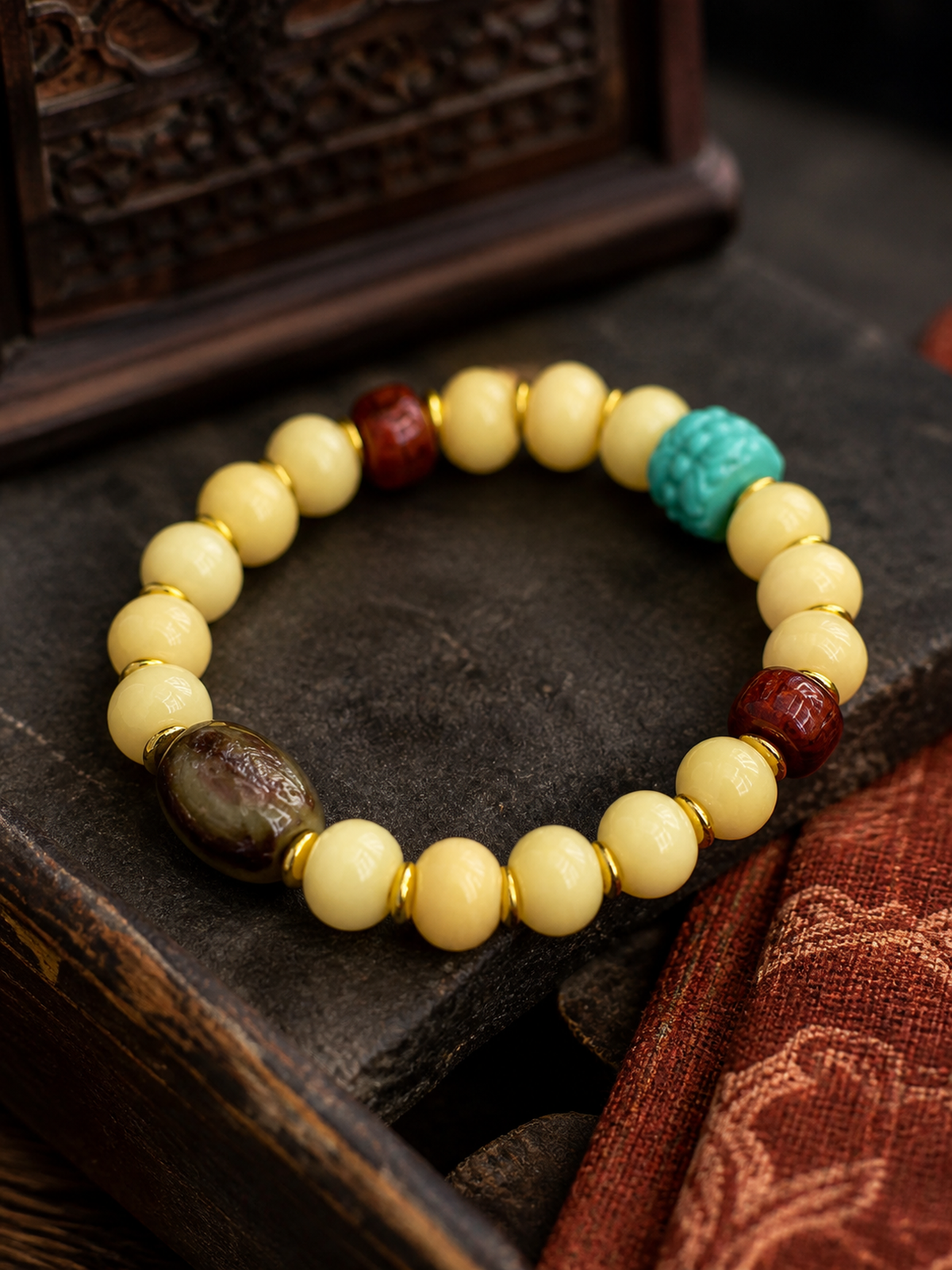 Tibetan Cream-Toned Bone Mala Bracelet with Auspicious Bead — detail view