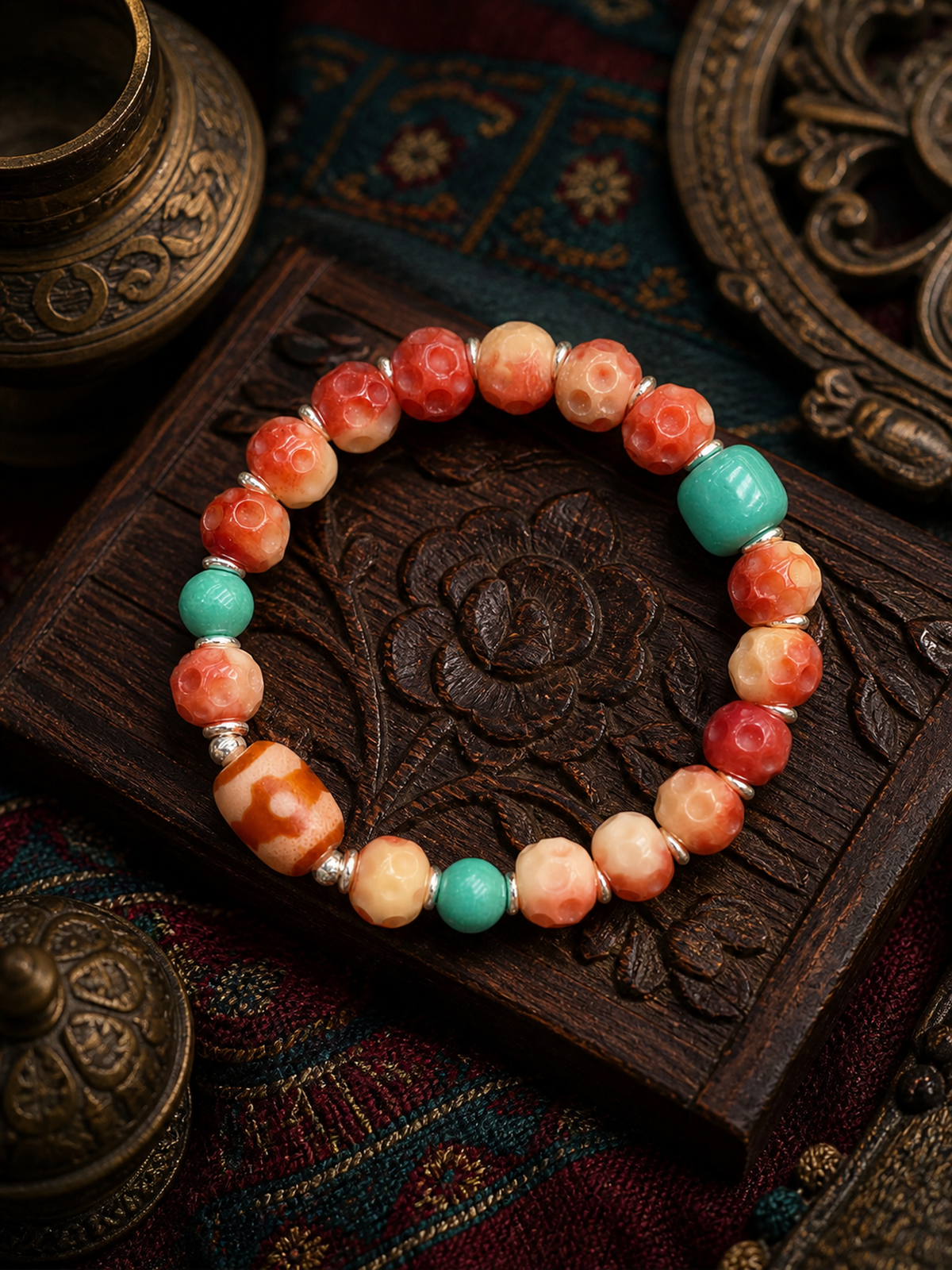 Tibetan Rose-Toned Bone Mala Bracelet with Red Three-Eye Bead — main view