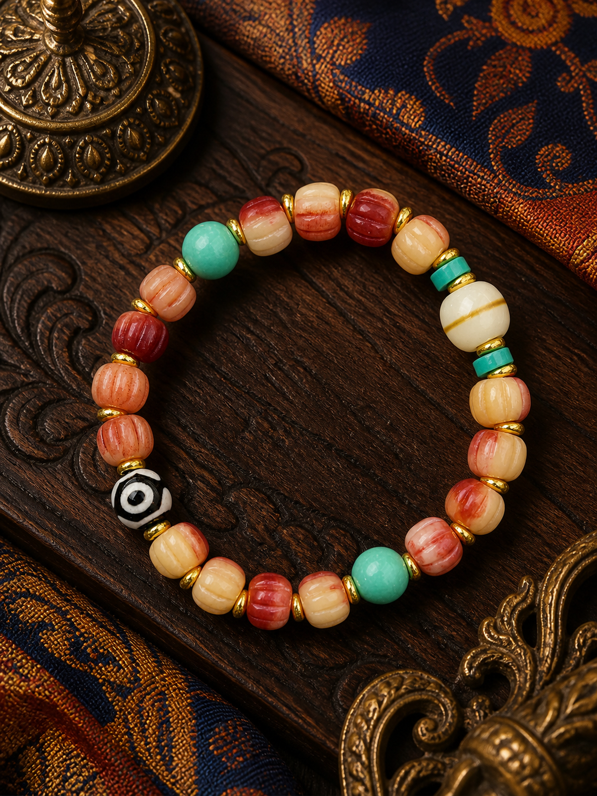 Tibetan Rose-Toned Bone Mala Bracelet with Pumpkin Beads — main view