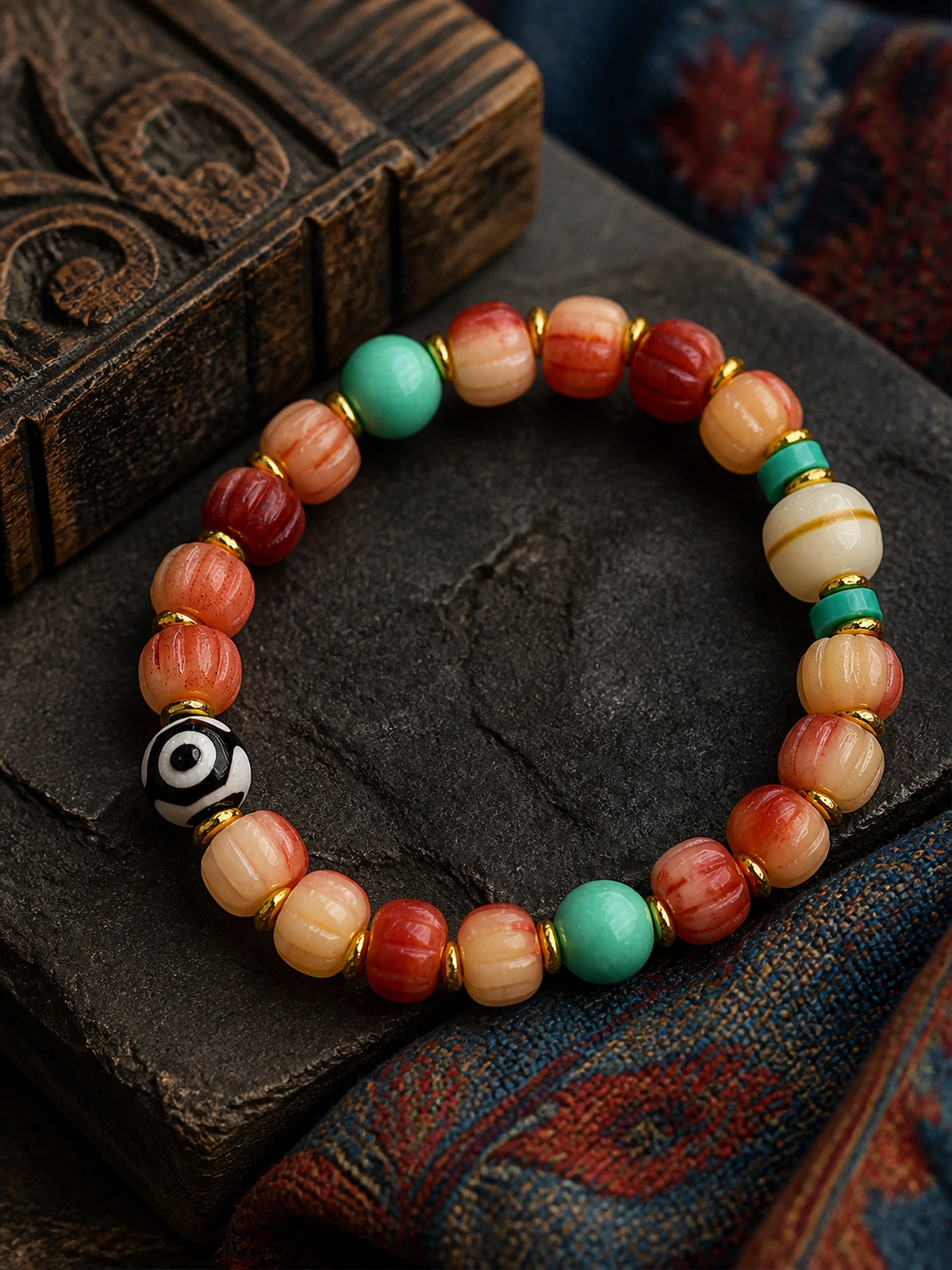 Tibetan Rose-Toned Bone Mala Bracelet with Pumpkin Beads — detail view