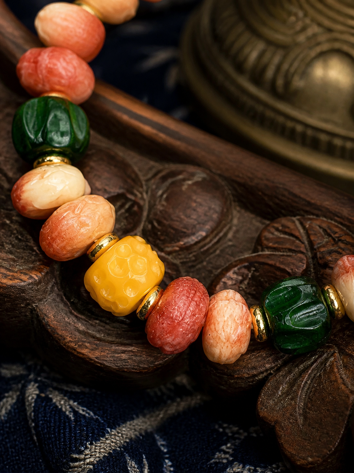 Tibetan Rose-Toned Bone Mala Bracelet with Dragon Motif — detail view