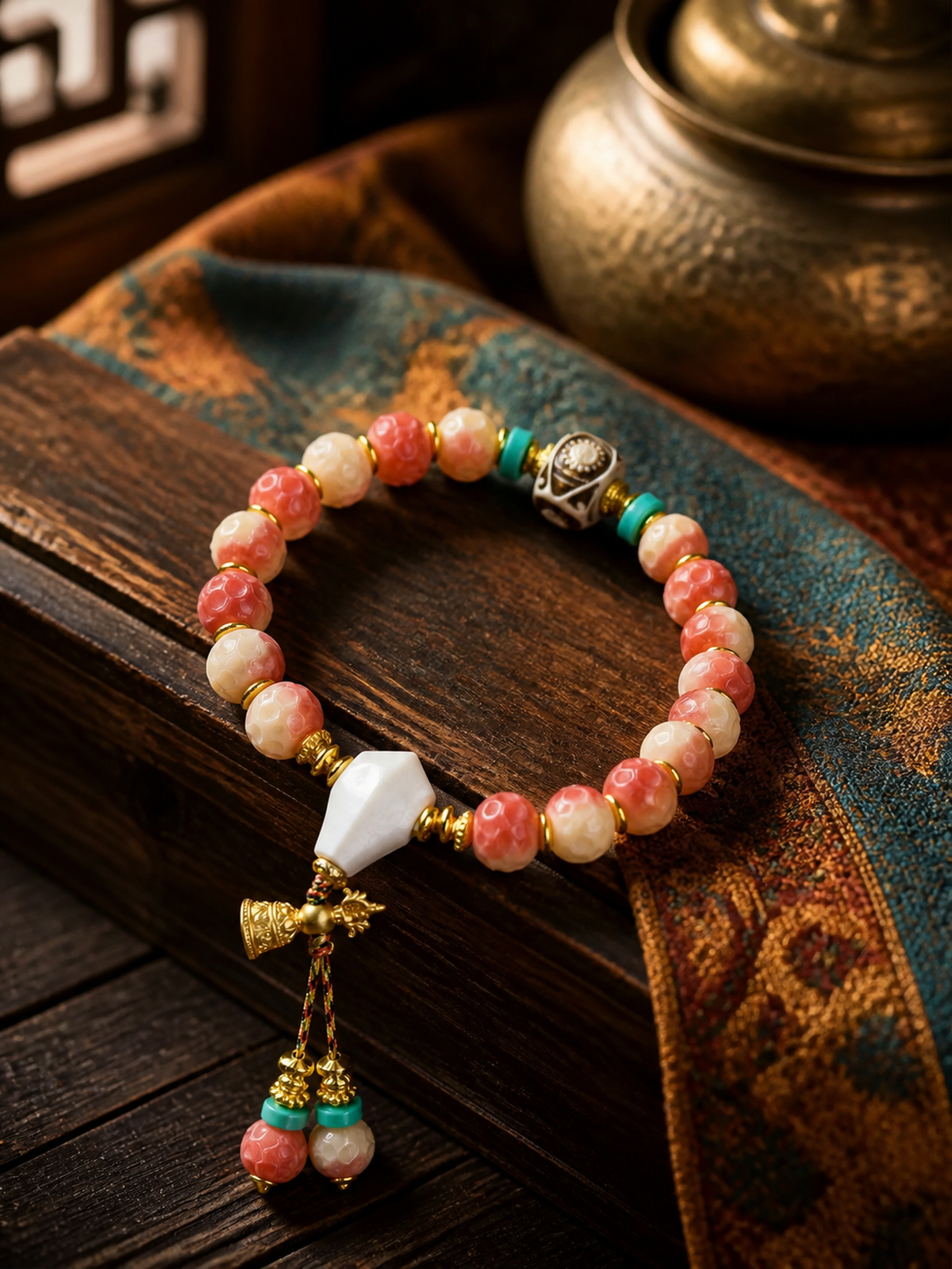 Tibetan Rose-Toned Bone Mala Bracelet with Guru Bead — main view