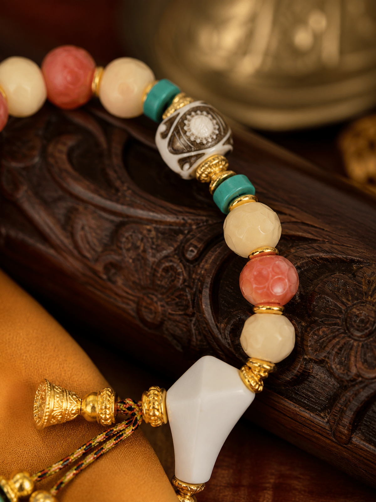 Tibetan Rose-Toned Bone Mala Bracelet with Guru Bead — detail view