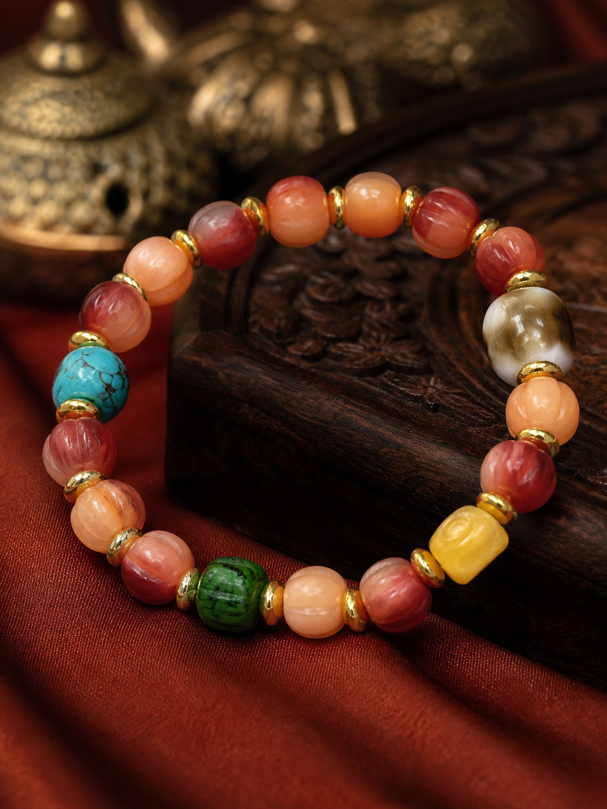 Tibetan Rose-Toned Bone Mala Bracelet with Curved Accent — detail view