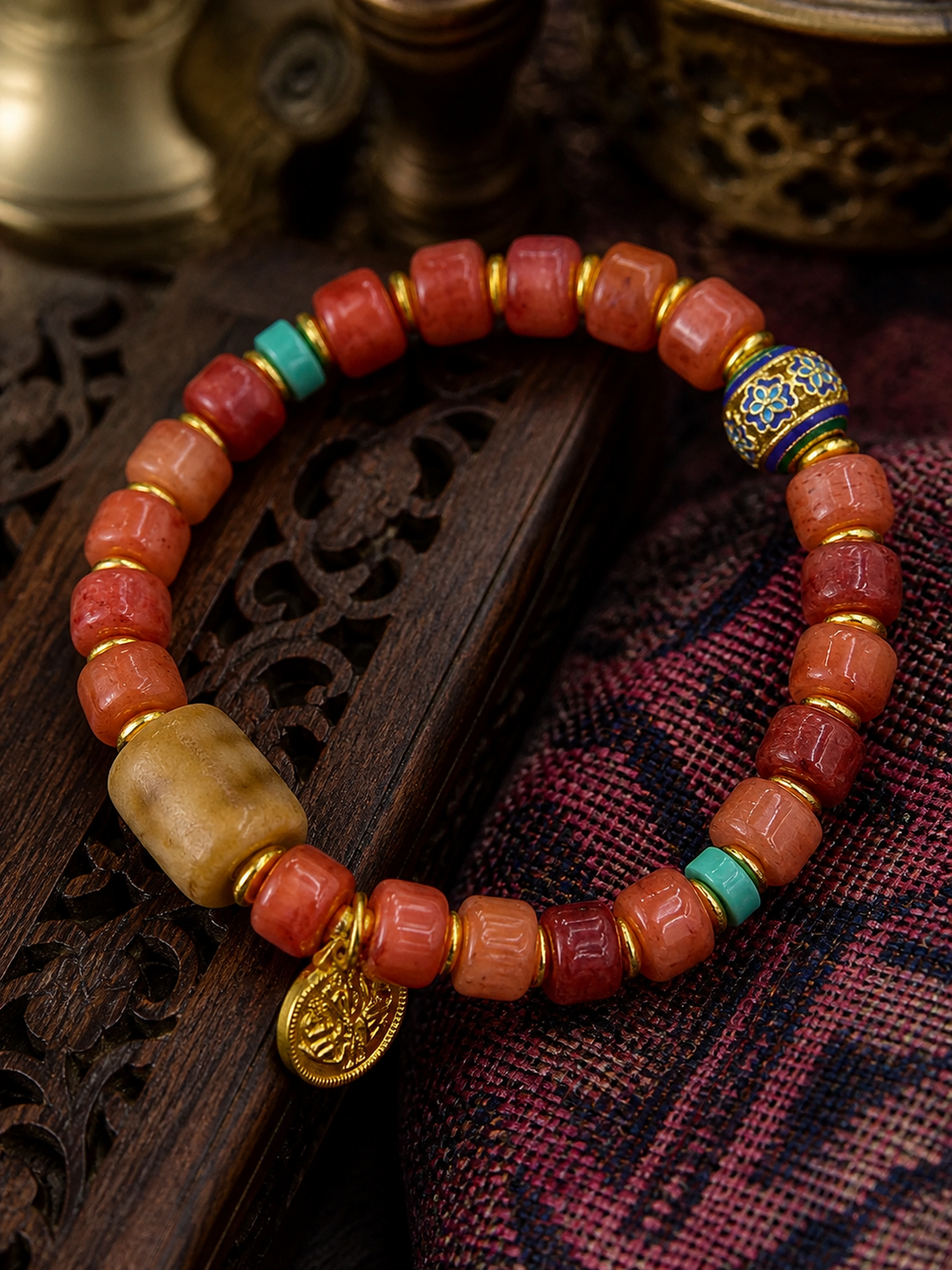 Tibetan Rose-Toned Bone Mala Bracelet with Straight-Cut Tiger-Tooth Beads — detail view