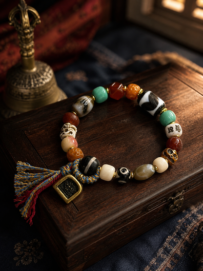 Tibetan Multigem Mala Bracelet with Yellow Jambhala Gau Charm — main view