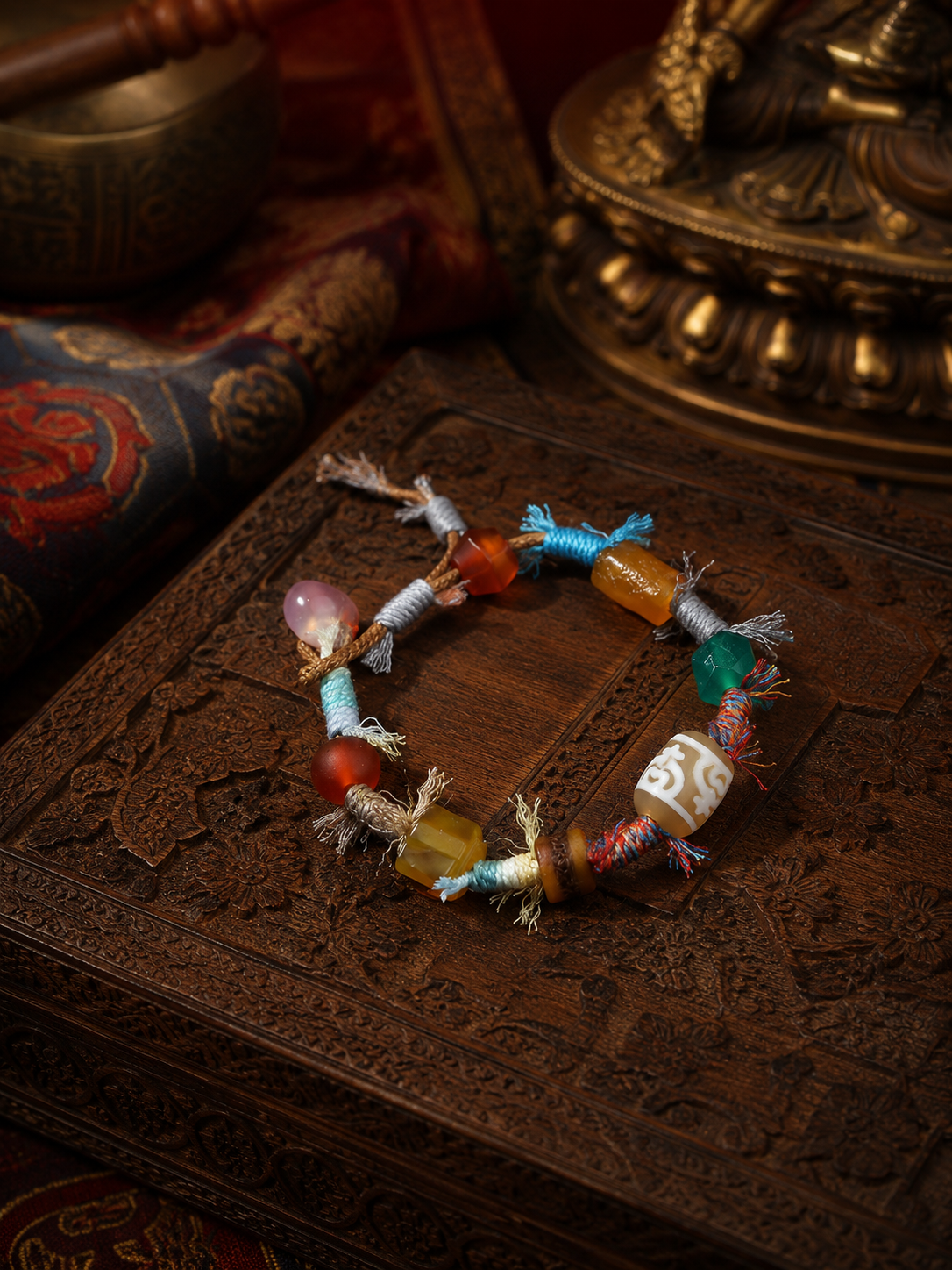 Tibetan treasure-vase Dzi-inspired handwoven cord bracelet product view