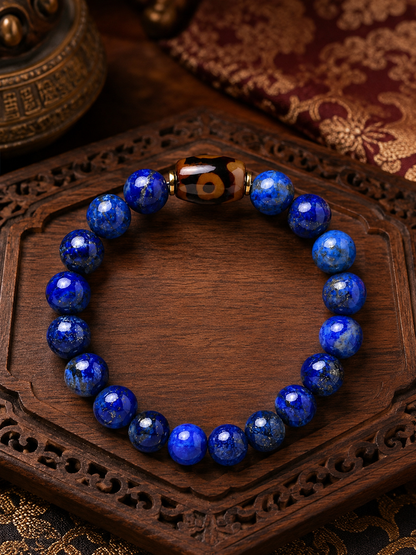 Royal blue lapis lazuli lotus three-eye Dzi-inspired bracelet product view