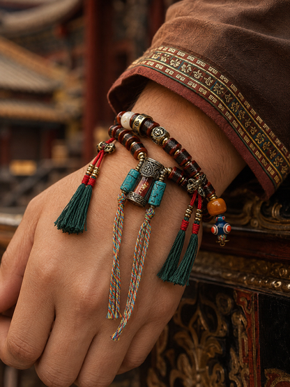 Tibetan yak-bone Gau charm bracelet Path of Courage worn on wrist
