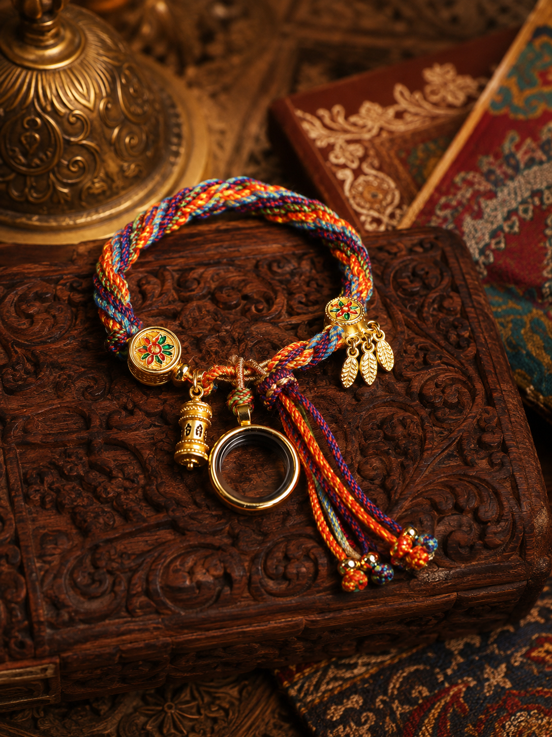 Multicolor Tibetan-inspired bracelet with Gau case and prayer wheel charm
