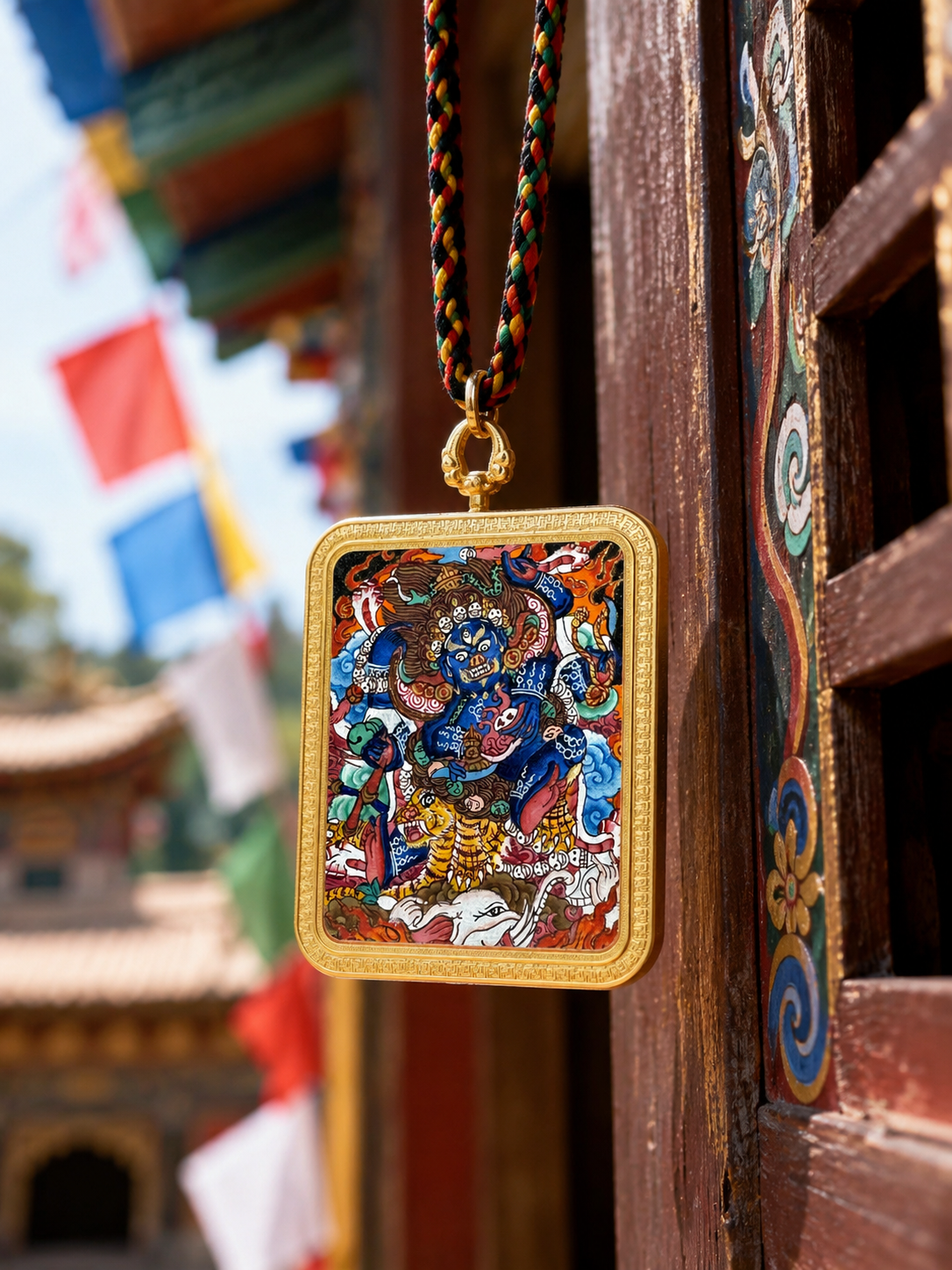 Mahakala pendant hanging from a braided cord beside a painted wooden doorway