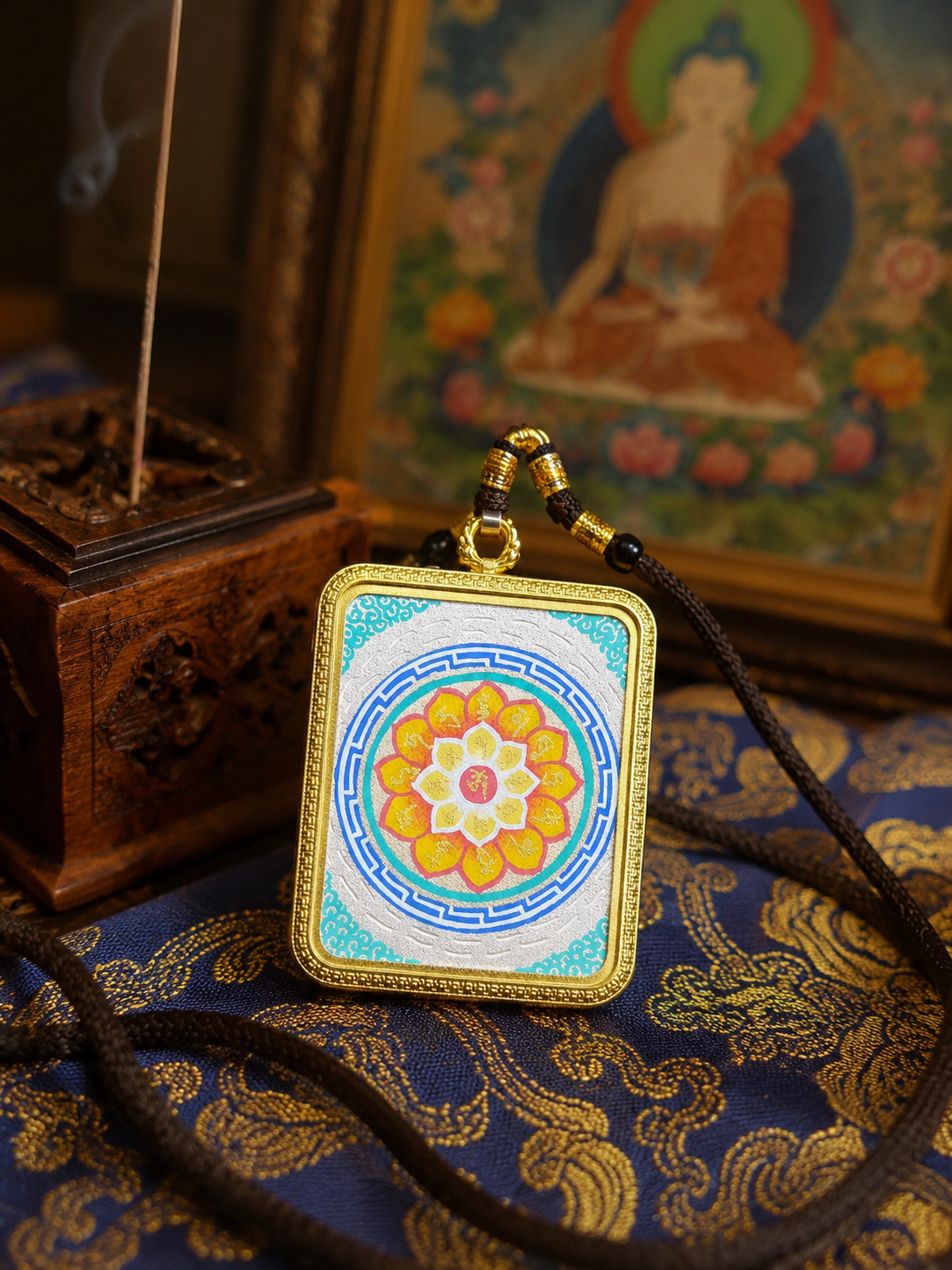 Six-Syllable Mantra pendant with a colorful circular motif on turquoise, displayed with its braided cord
