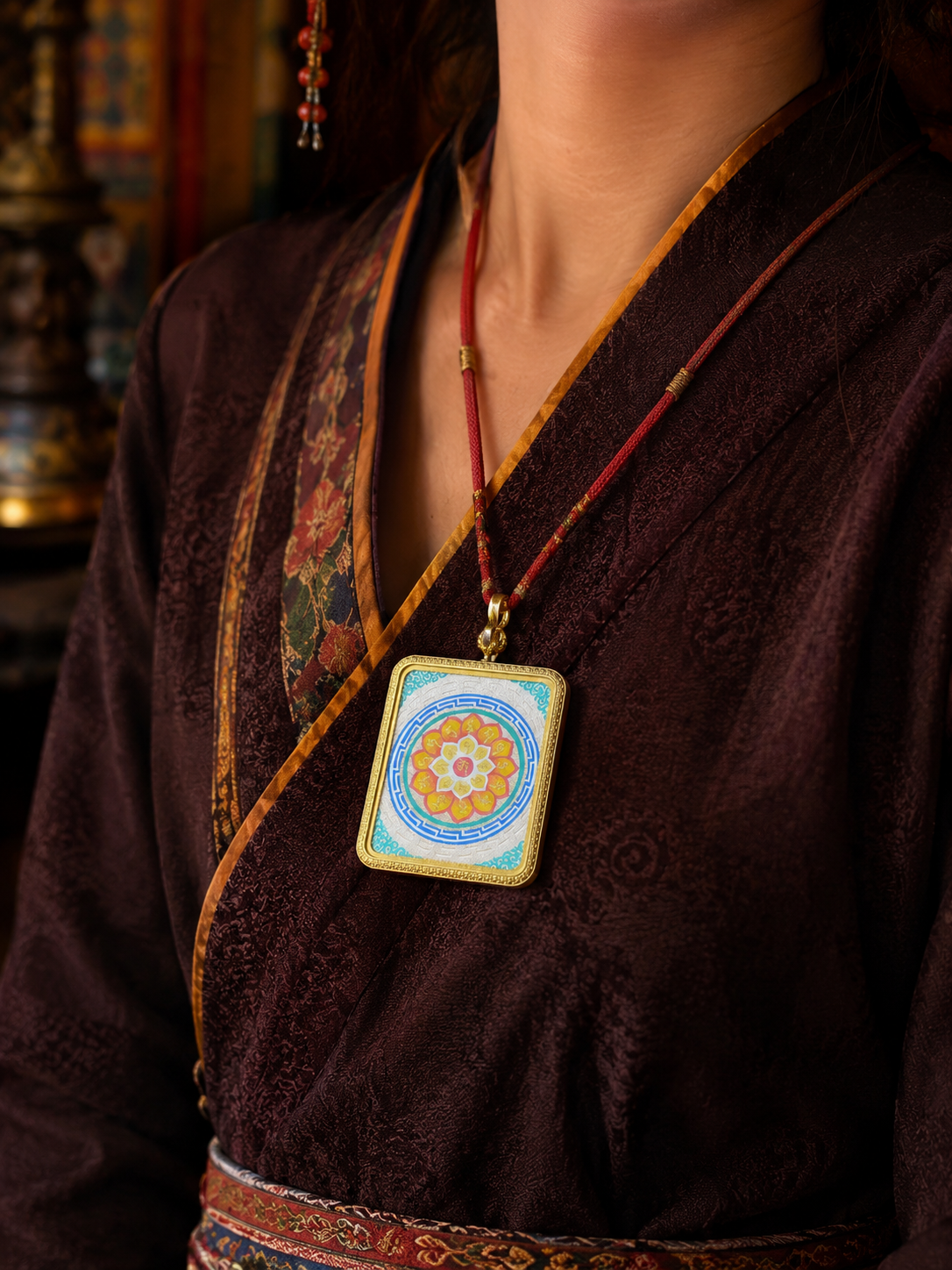 Six-Syllable Mantra thangka pendant worn against a dark burgundy top