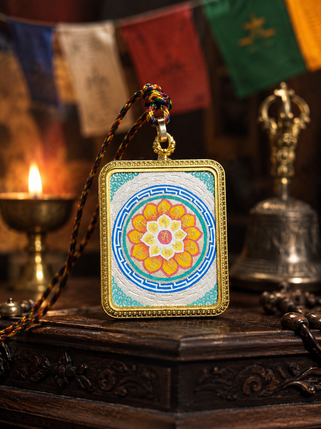 Front view of the circular motif on the Six-Syllable Mantra pendant beside a lit lamp
