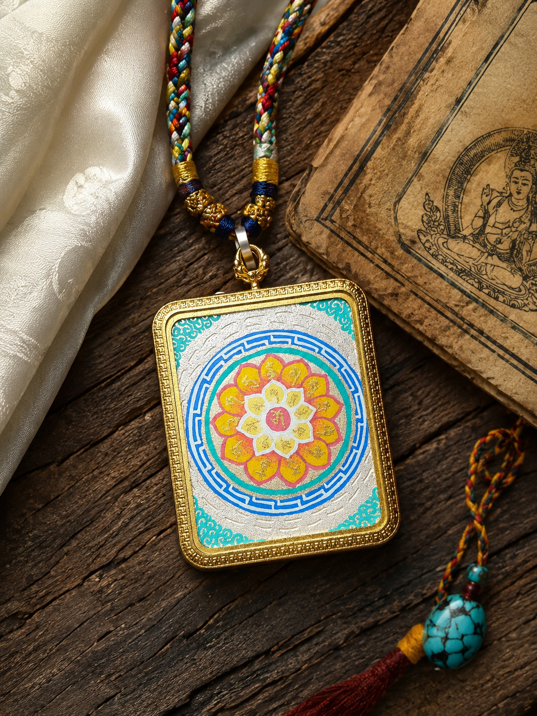 Six-Syllable Mantra pendant and braided necklace laid on wood beside printed pages