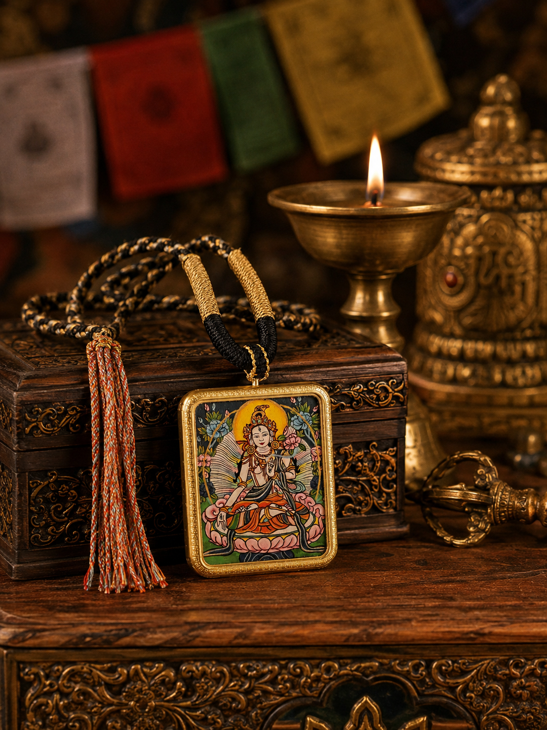 White Tara pendant standing against a carved box, showing the painted figure and gold-colored frame
