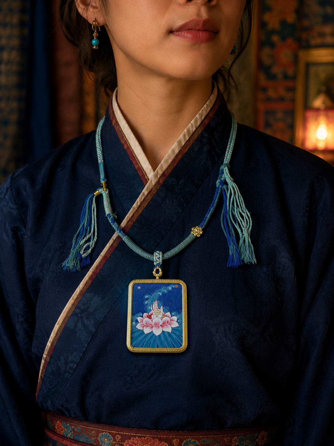 Lotus thangka pendant worn over dark blue clothing with its matching blue cord