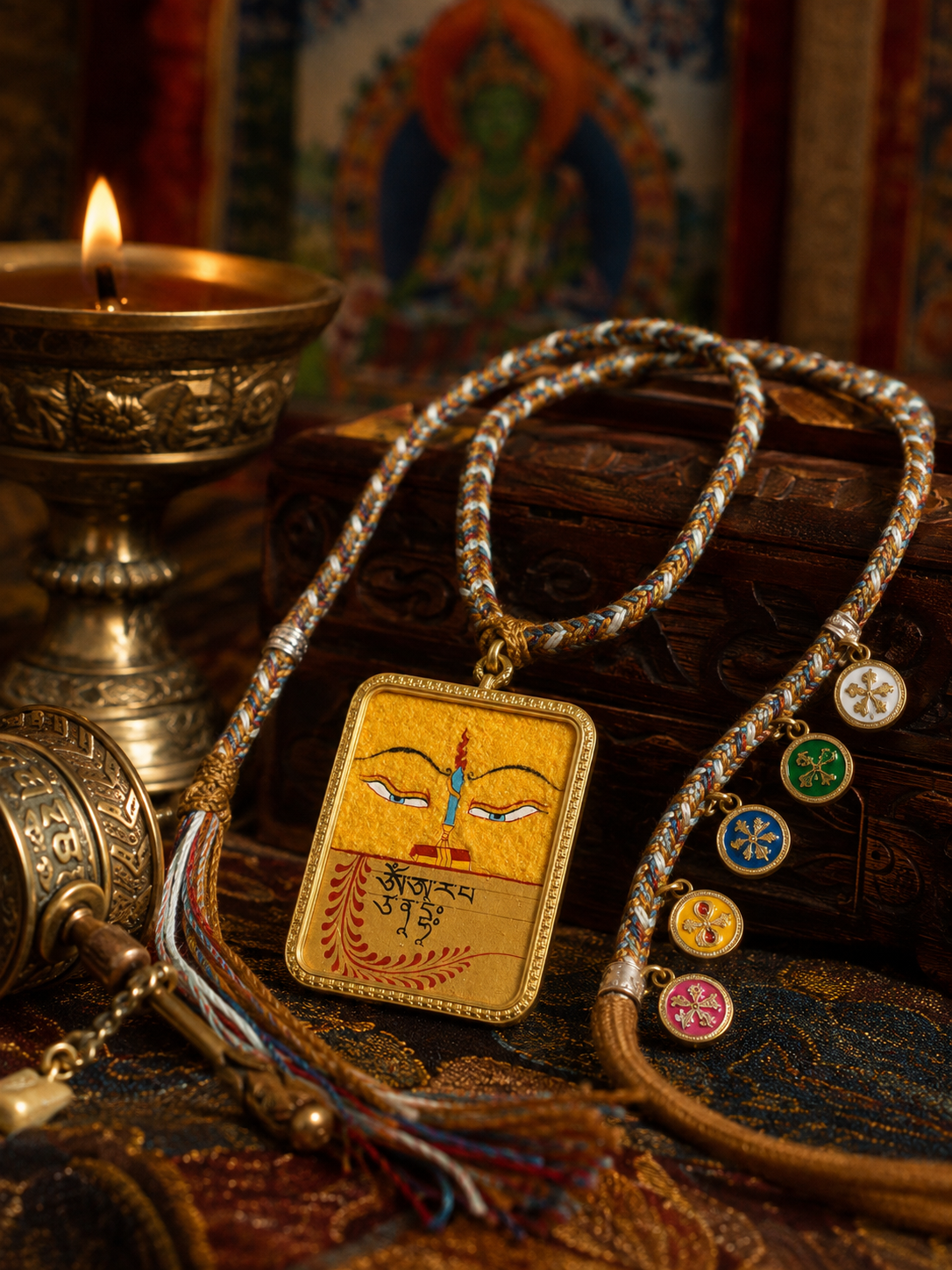 Manjushri Wisdom-Eye motif pendant on a yellow ground, with a braided cord and colored round accents