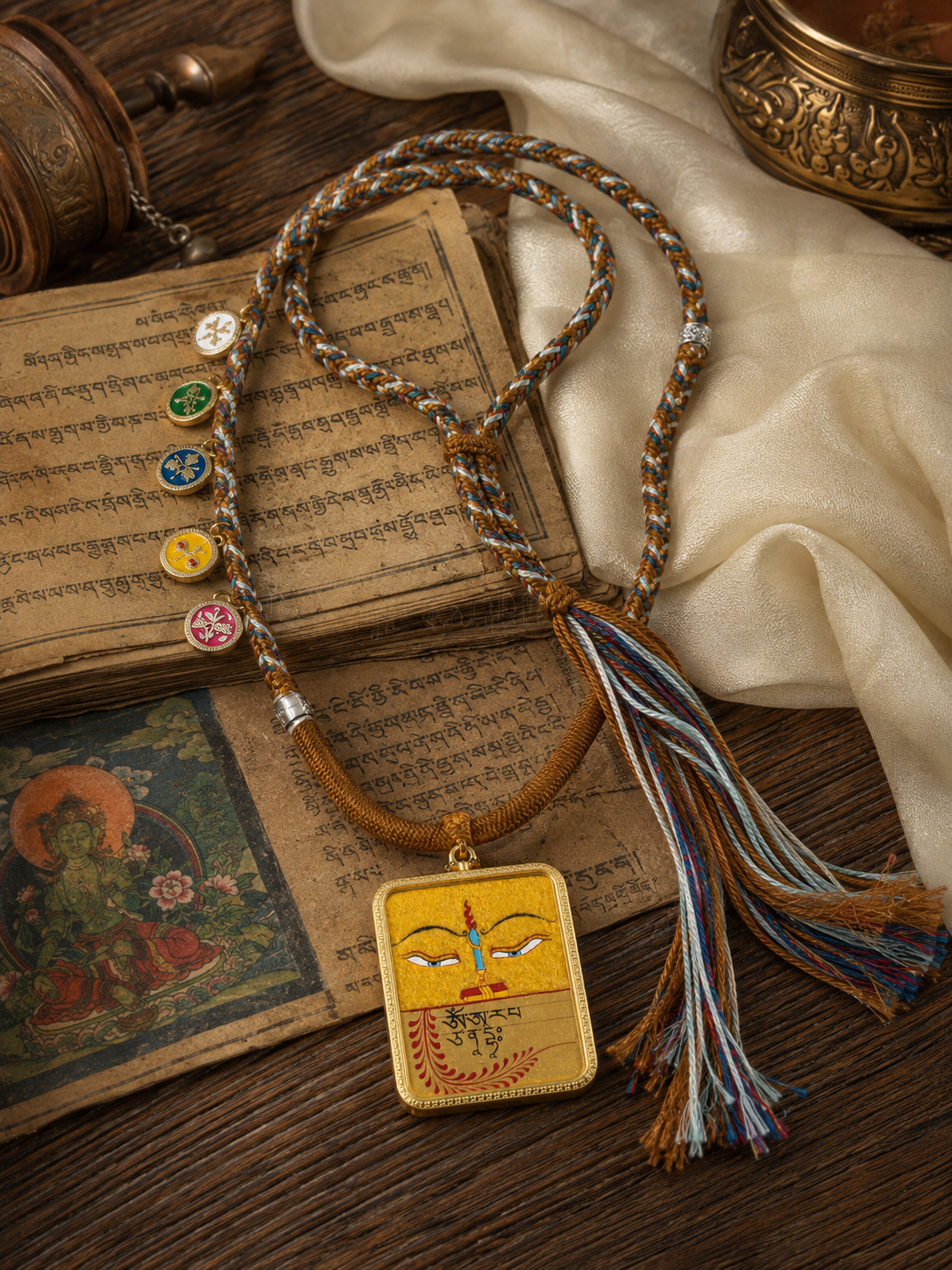 Wisdom-Eye motif thangka pendant laid beside printed pages, with its multicolored tassel spread out