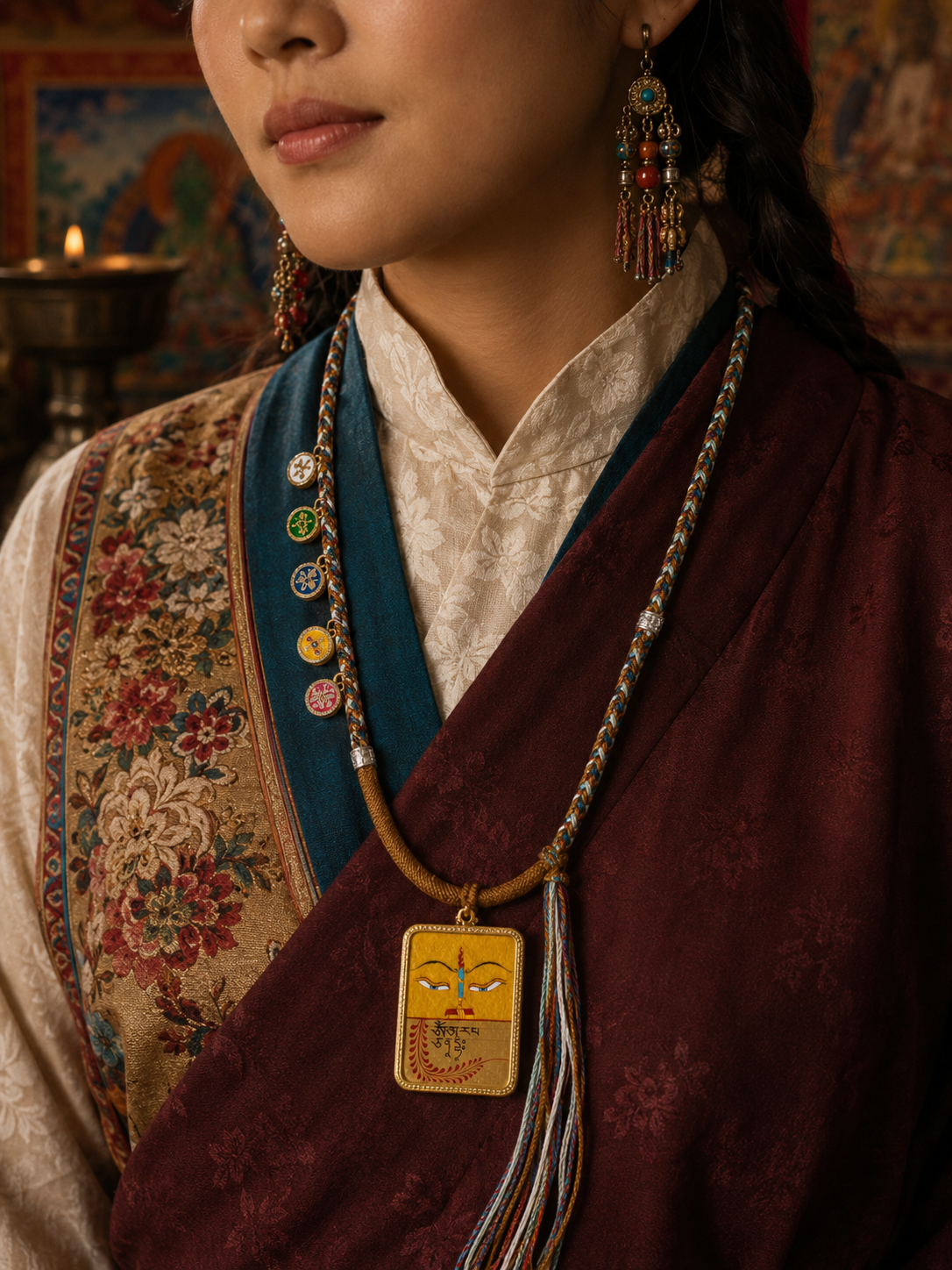 Manjushri Wisdom-Eye motif pendant worn over burgundy clothing on a long decorative cord
