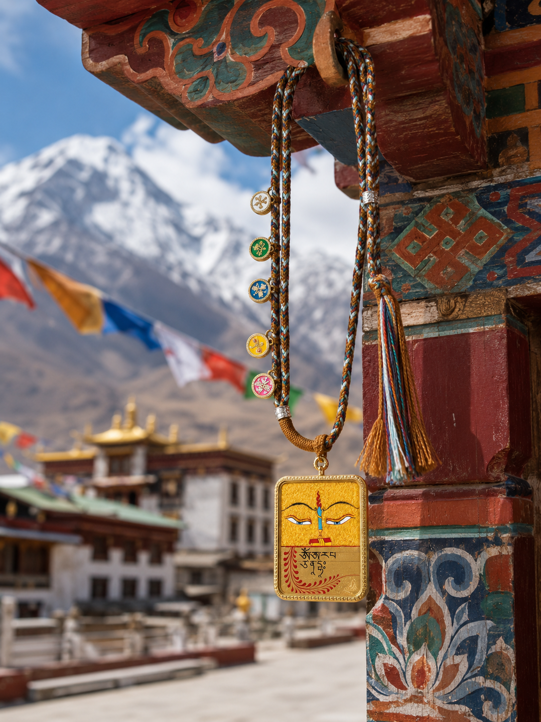 Yellow Wisdom-Eye motif pendant hanging beside a painted beam with snowy mountains behind