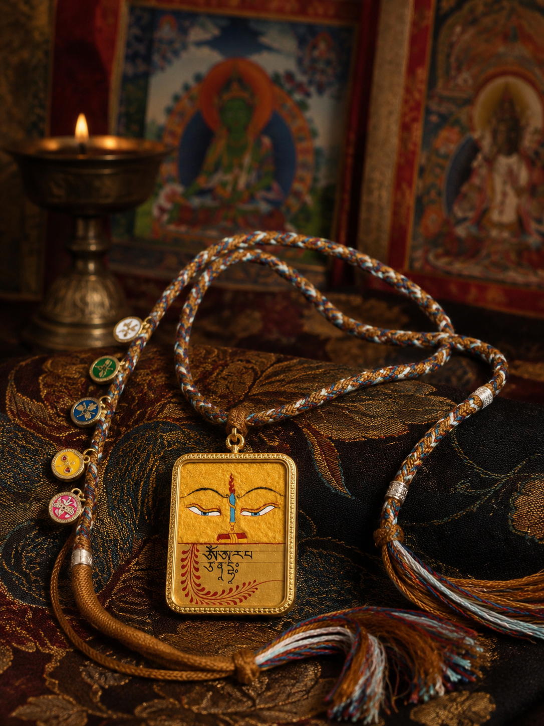 Wisdom-Eye motif pendant displayed on a carved box, with the braided cord and tassel visible