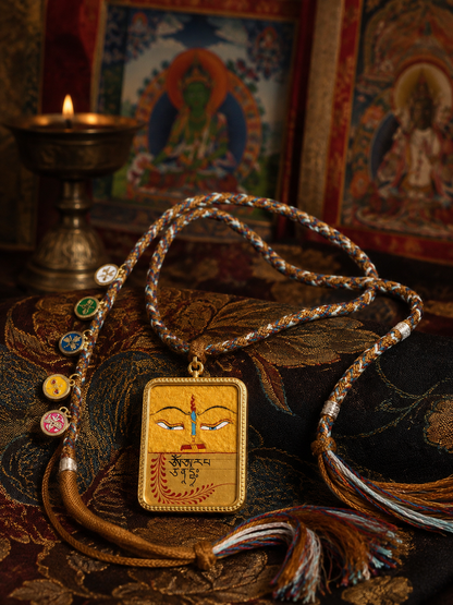 Wisdom-Eye motif pendant displayed on a carved box, with the braided cord and tassel visible