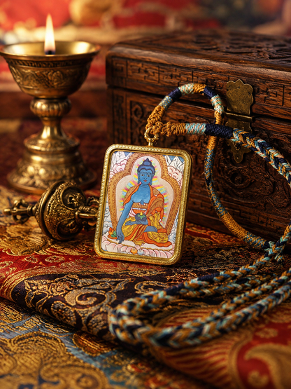 Medicine Buddha thangka pendant with a blue seated figure, displayed beside a carved box and lamp
