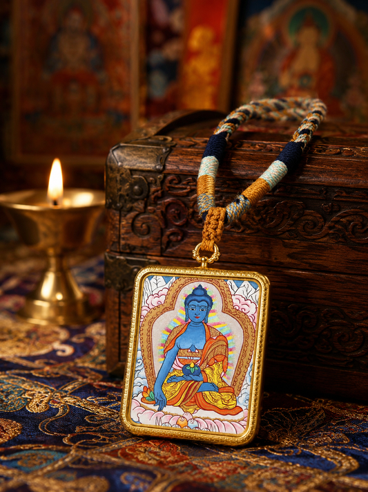 Front view of the Medicine Buddha pendant with its blue, white, and yellow braided cord
